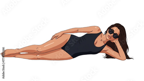 Relaxing on the Beach Woman in Swimsuit, Sunglasses, Summer Vacation