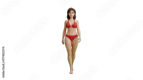 Attractive Woman in Red Bikini Walking Towards Viewer on White Background