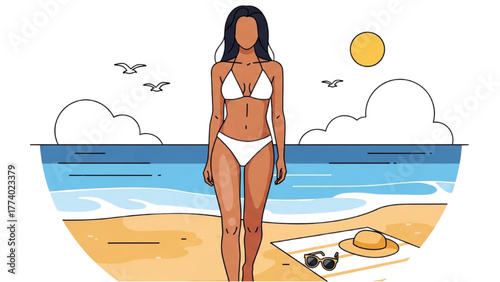 Woman in a bikini on a sandy beach with ocean waves and seagulls in background