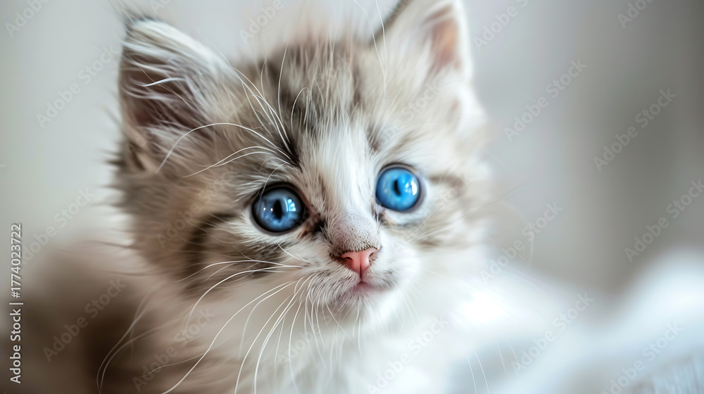 Fototapeta premium Adorable Fluffy Kitten with Striking Blue Eyes, Close-up Portrait