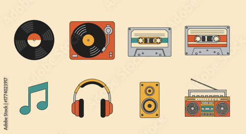 Collection of Vintage Audio Equipment: Vinyl Records Cassette Tapes Headphones Speaker and Boombox.