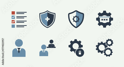 A collection of flat design icons for business security and system management.