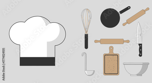 Chefs Hat and Essential Kitchen Cooking Utensils Set.
