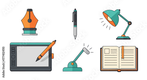 Illustrated sticker set of creative tools including a graphics tablet vector pen tool desk lamps and a notebook.