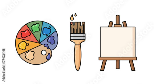 Artistic tools including a paint palette brush and easel with canvas.