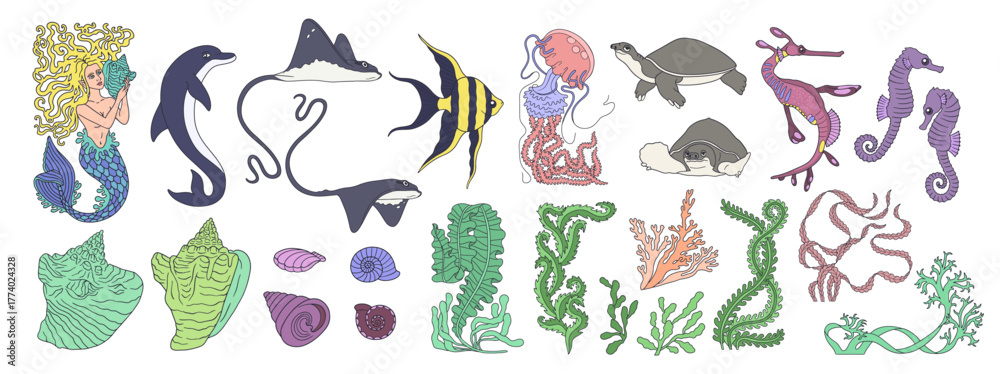 Fototapeta premium Colorful ocean life and mermaid hand drawn line art vector illustration bundle. Sea animals and seaweed clipart big set