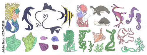 Colorful ocean life and mermaid hand drawn line art vector illustration bundle. Sea animals and seaweed clipart big set