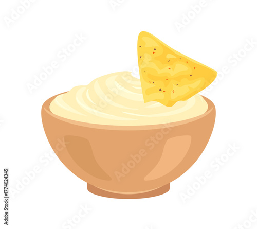 Cheese sauce in bowl and nacho chip isolated on white background. Vector cartoon flat illustration. Food icon