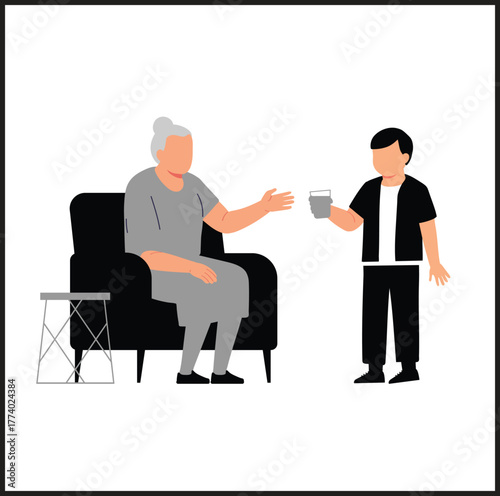 boy Child Giving Water glass To Grandmother Vector. Preteen Granddaughter Give Water Glass Elderly Woman. Characters Kid Help And Offering Drink Thirsty Mature Lady Flat Cartoon Illustration
