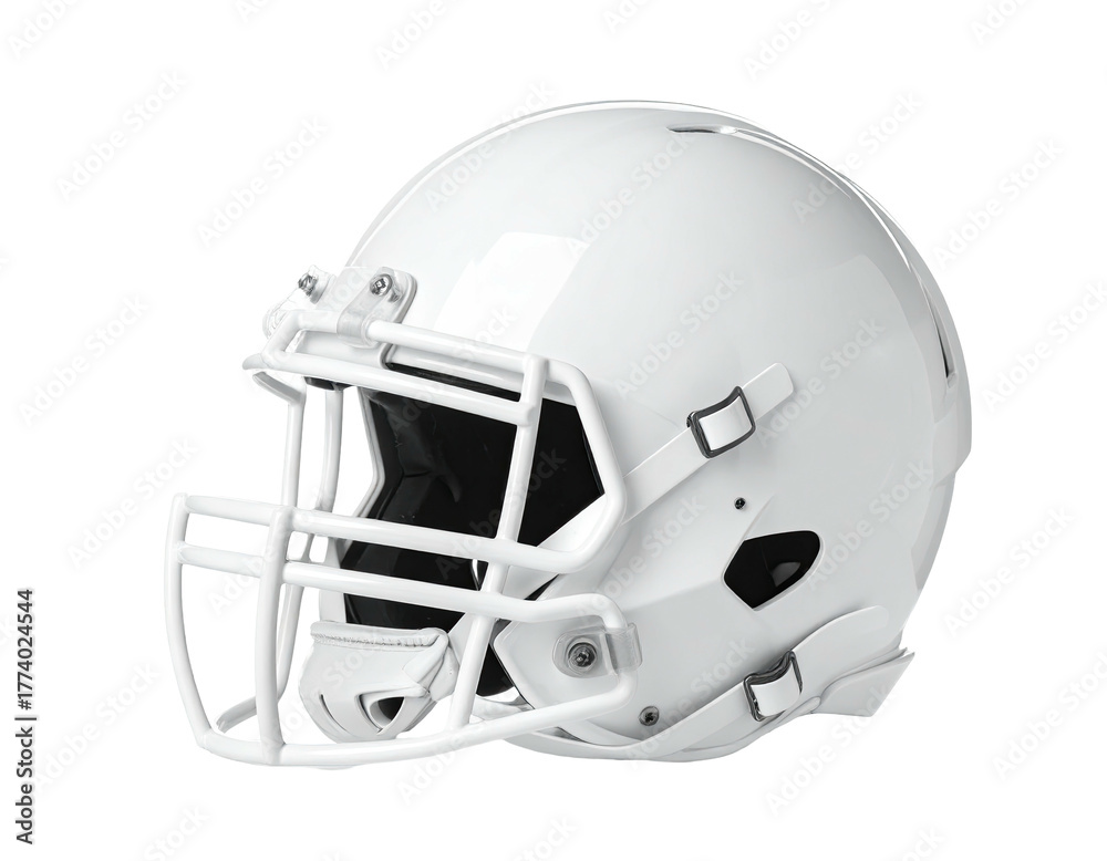 Fototapeta premium A gleaming white football helmet, a key element of the sport's safety equipment, isolated on black