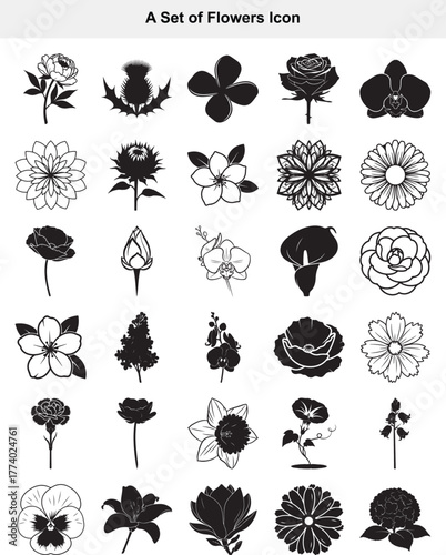 Black and White Floral Icons Variety of Flowers and Blossoms Illustrations