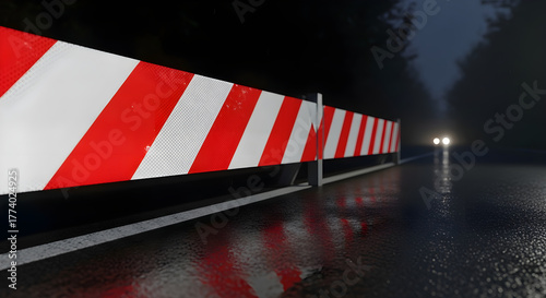 Road closed due to construction, with a barrier and headlights visible in the distance.
