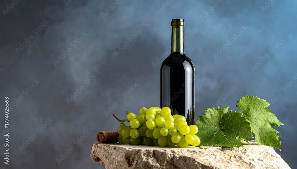 Fototapeta premium A glass bottle of dark wine stands gracefully on a smooth, stone-colored surface. To its left, a lush cluster of green grapes, fresh and plump, sits invitingly.