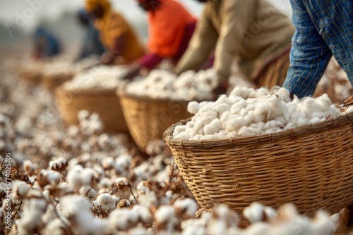 Close-up shot of cotton harvest, featuring workers with baskets filled with cotton, engaged in the field work during cotton picking season in the daytime.