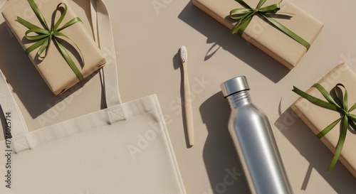 Eco friendly gift set with reusable tote, bamboo toothbrush, and stainless steel bottle for holiday giving