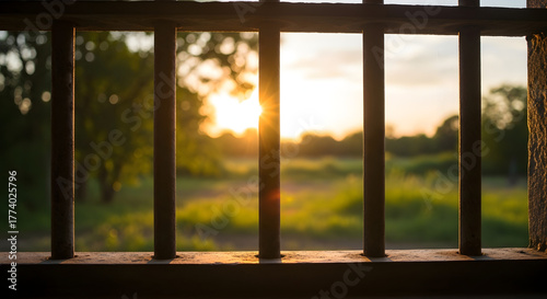 View of a vibrant sunset through a metal barred window, illuminating the landscape.