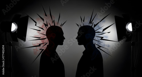 Symbolic representation of conflicting ideas and opposing viewpoints between two individuals, visualized through abstract energy bursts