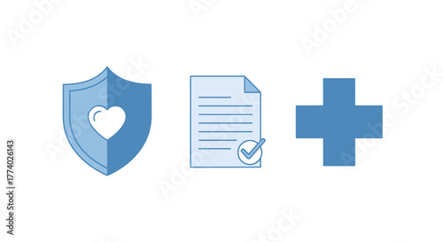 Healthcare insurance shield document and medical cross icons.
