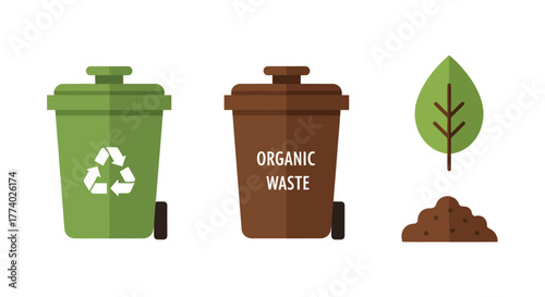 Green and Brown Recycling Bins with Organic Waste and Leaf.