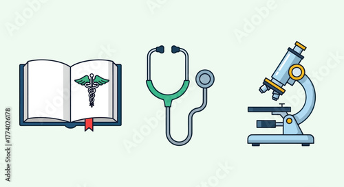 A set of medical and scientific icons featuring a textbook stethoscope and microscope.