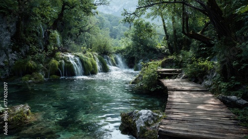 waterfall in deep forest of croatia and wood pier no logos no brands ar 169