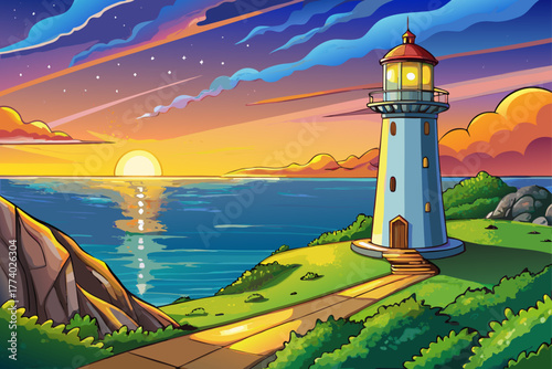 The lights of the lighthouse shining from the tower on the high hill near the sea under the beautiful colorful evening sky, the view of the coastal landscape with the ocean horizon and the calm atmosp