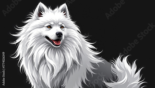 Samoyed dog illustration in profile on black background with space for text