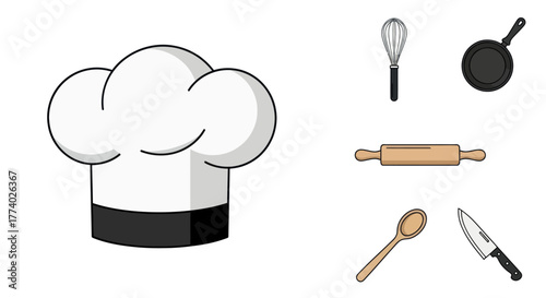 Illustrated Chefs Hat and Essential Kitchen Cooking Tools Collection.