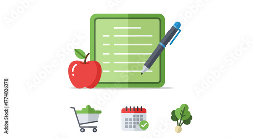 Healthy Diet Plan Concept with Green Notepad Red Apple and Pen.