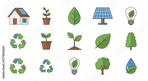 A colorful collection of flat design icons representing ecology sustainability and renewable green energy concepts.