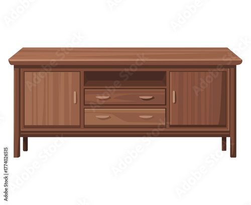 Illustration wooden sideboard with cabinets and drawers, ideal for living spaces.