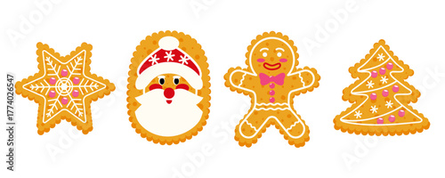 Gingerbread cookies set. In star, Santa Claus face, gingerbread man, and Christmas tree shapes, decorated with white and pink icing. Flat illustration.