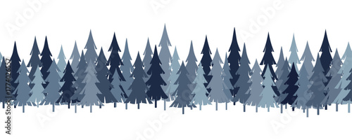 Seamless winter forest border with abstract pine and fir trees in blue, navy, and gray tones. Repeated woodland landscape.