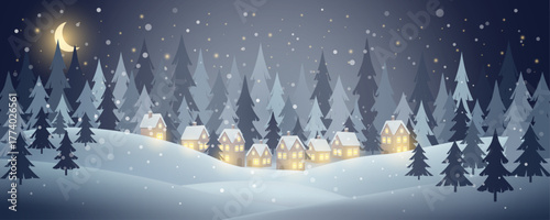 Christmas night landscape with falling snow, glowing houses, pine forest, and a crescent moon. Horizontal winter banner or background illustration.