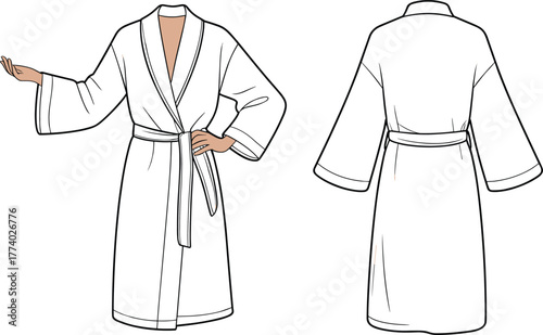 Bathrobe fashion flat sketch, unisex robe technical drawing, belted dressing gown design, apparel vector template, clothing CAD illustration