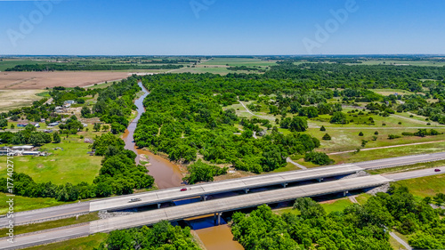 Fotografie Aerial landscape of sunny summer day on Route 66 old small town El Reno Oklahoma