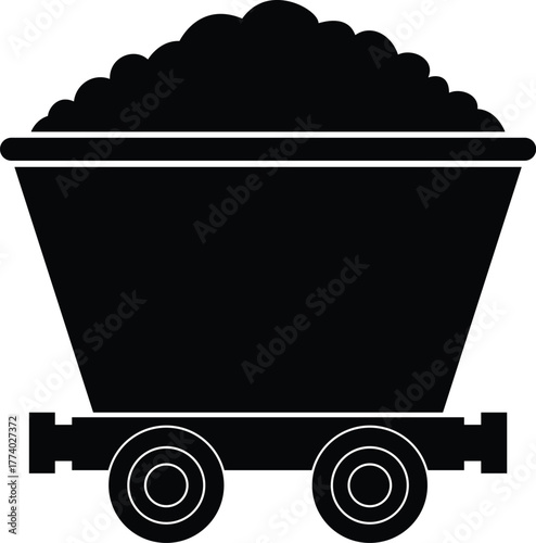 Black silhouette of a full mining cart filled with coal on a white background