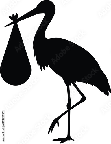 Classic stork delivering a baby bundle in a striking black silhouette
