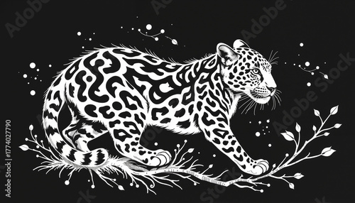 Leopard illustration with floral elements on black background in motion with space for text