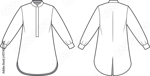 Long tunic top flat sketch, mandarin collar shirt design, fashion technical drawing, apparel vector template, unisex clothing CAD illustration
