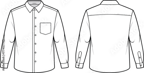 Men long sleeve button up shirt fashion flat sketch, technical drawing, apparel vector, garment design template, shirt outline, fashion CAD illustration