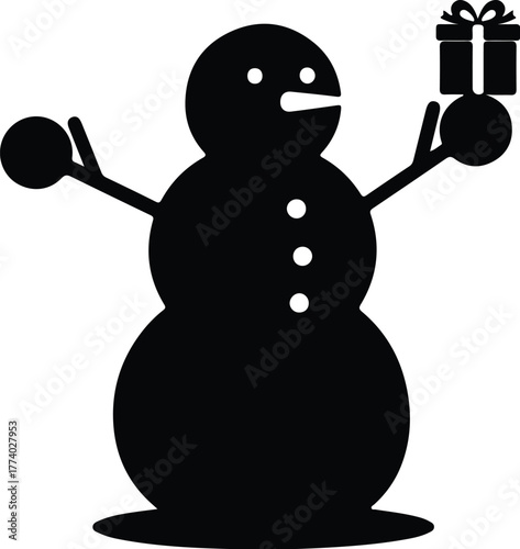 Vector cheerful snowman holding christmas gift and snowballs silhouette illustration