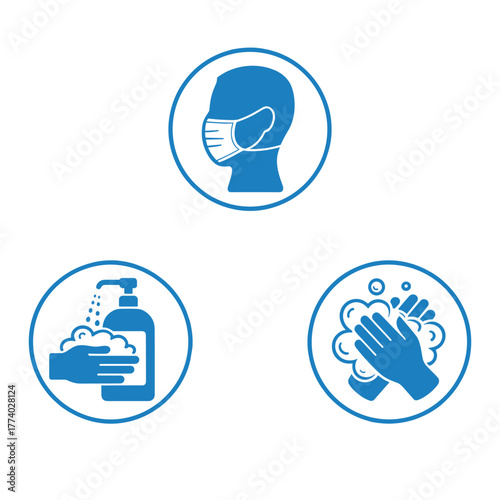 Covid 19 safety icons showing face mask hand washing and hand sanitizer on blue background coronavirus