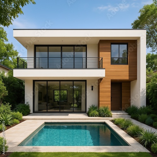 A beautiful two-story modern house exterior with white walls, wooden panel accents, wide balcony, and a small swimming pool surrounded by greenery. 