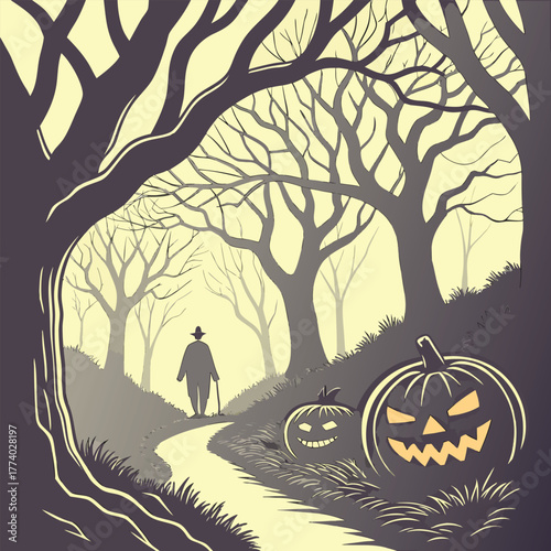 Halloween Forest Path with Glowing Pumpkins and Lone Figure