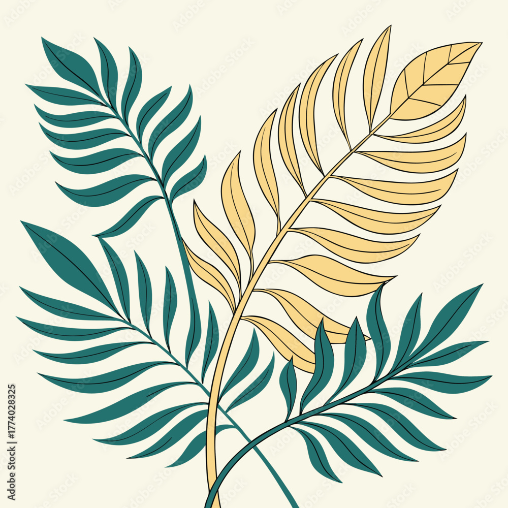 Obraz premium Intertwined Tropical Fronds in Teal and Gold botanical