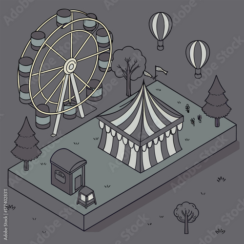 Isometric amusement park with Ferris wheel and circus tent