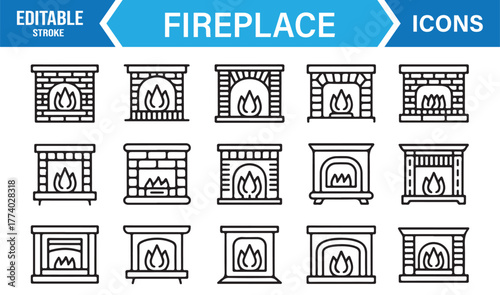 Classic Fireplace Line Vector Set – Editable Stroke Icons for Home Comfort, Heat, and Interior Decoration Concepts