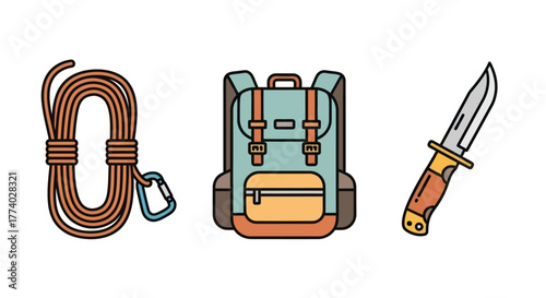 Illustrated Backpack Rope with Carabiner and Knife for Hiking.