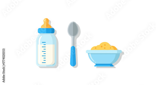 Baby Feeding Set: Bottle Spoon and Bowl of Food.